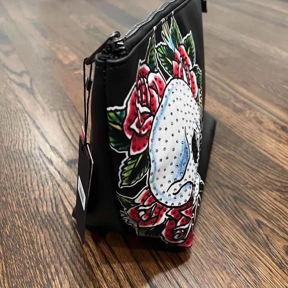 ed hardy skull rose flower makeup cosmetic toiletry bag bedazzled rhinestone NWT